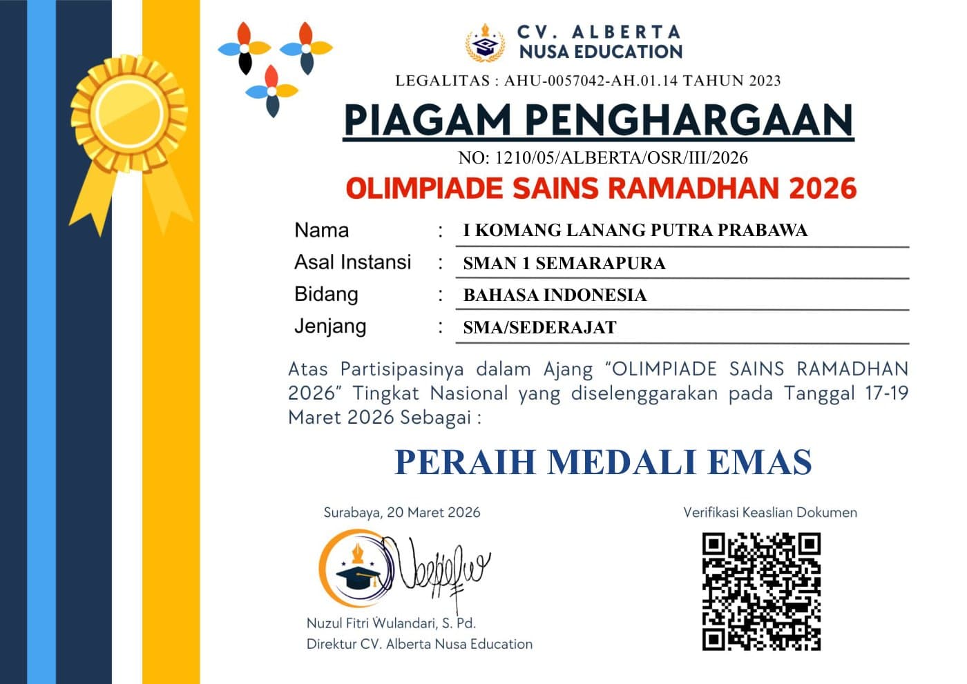 Sertifikat Medali Emas — Bahasa Indonesia